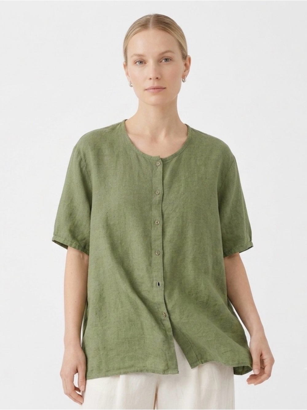 FLAX 100% Linen Lagenlook Button Down Top in Earthy Green Large